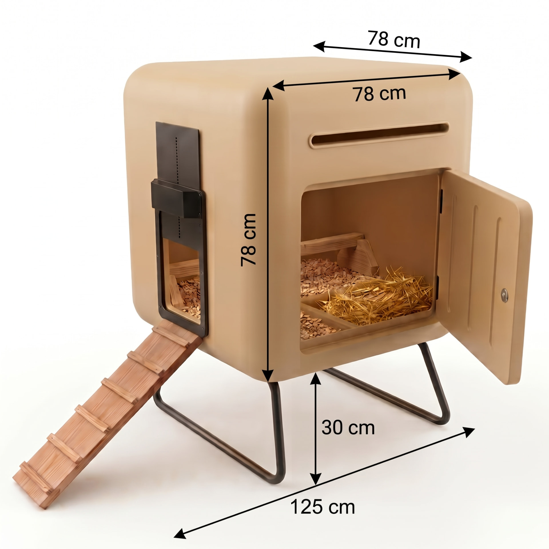 Qoopa Nest kippenhok met maten: 78 bij 78 bij 78 cm, 125 cm diepte inclusief loopplank en 30 cm verhoogd onderstel