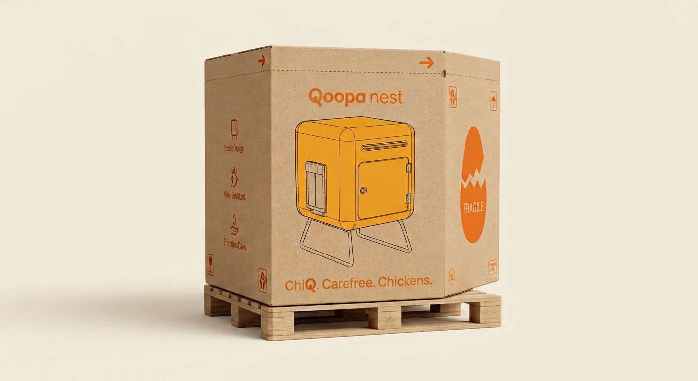 Qoopa Nest verpakkingsdoos met ChiQ. Easy. Chickens. design
